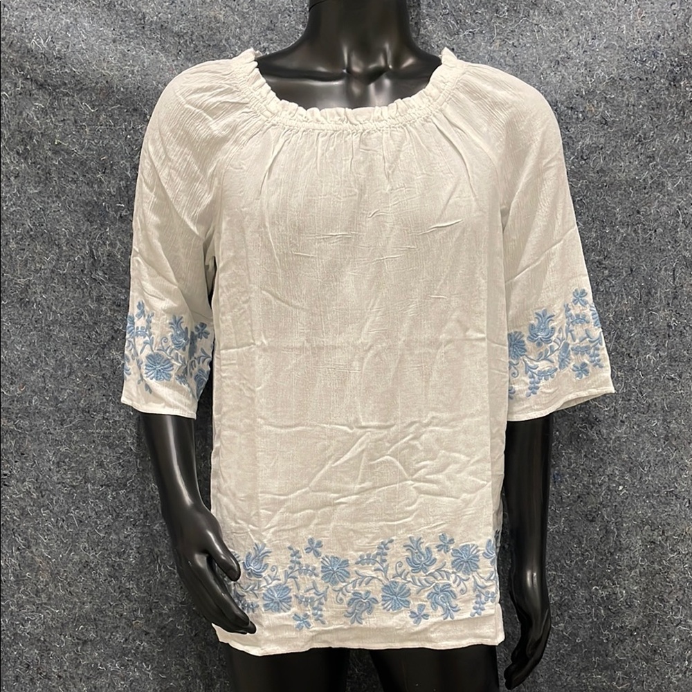NEW J Jill WOMENS MEDIUM PETITE White Breeze Embroidered Crinkle Floral Tunic